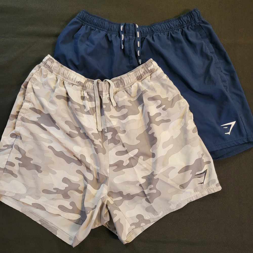 Gymshark Mens Athletic Shorts Bundle 2 Pack Navy Grey Camo Size L 5 Inch Inseam